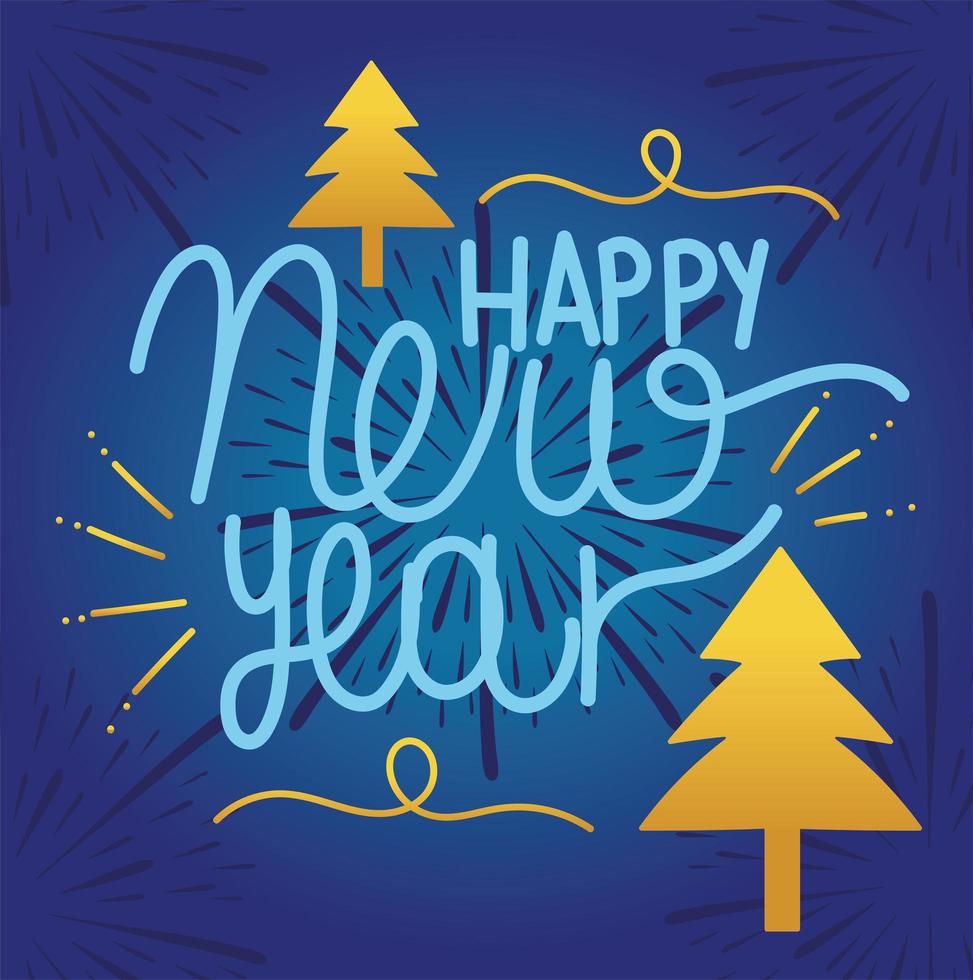 Feliz año nuevo 2021, letras escritas a mano y decoración de árboles. vector