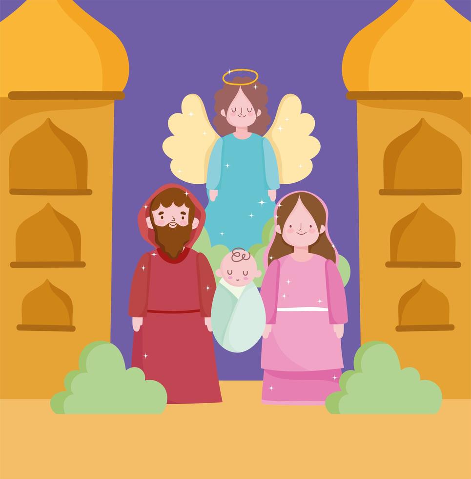 nativity, manger holy mary joseph baby and angel cartoon vector