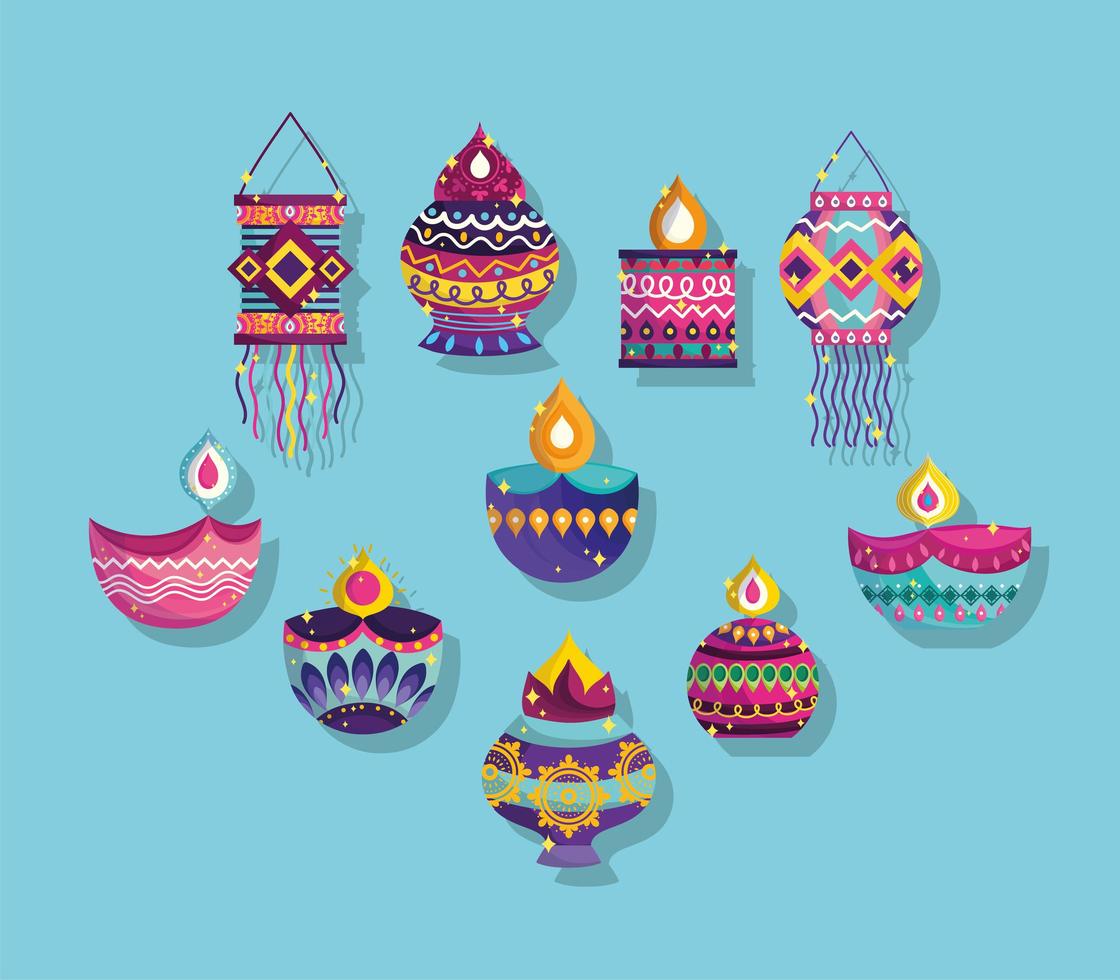 feliz festival de diwali, colección de iconos diya lámparas linternas adornos decoración detallada vector