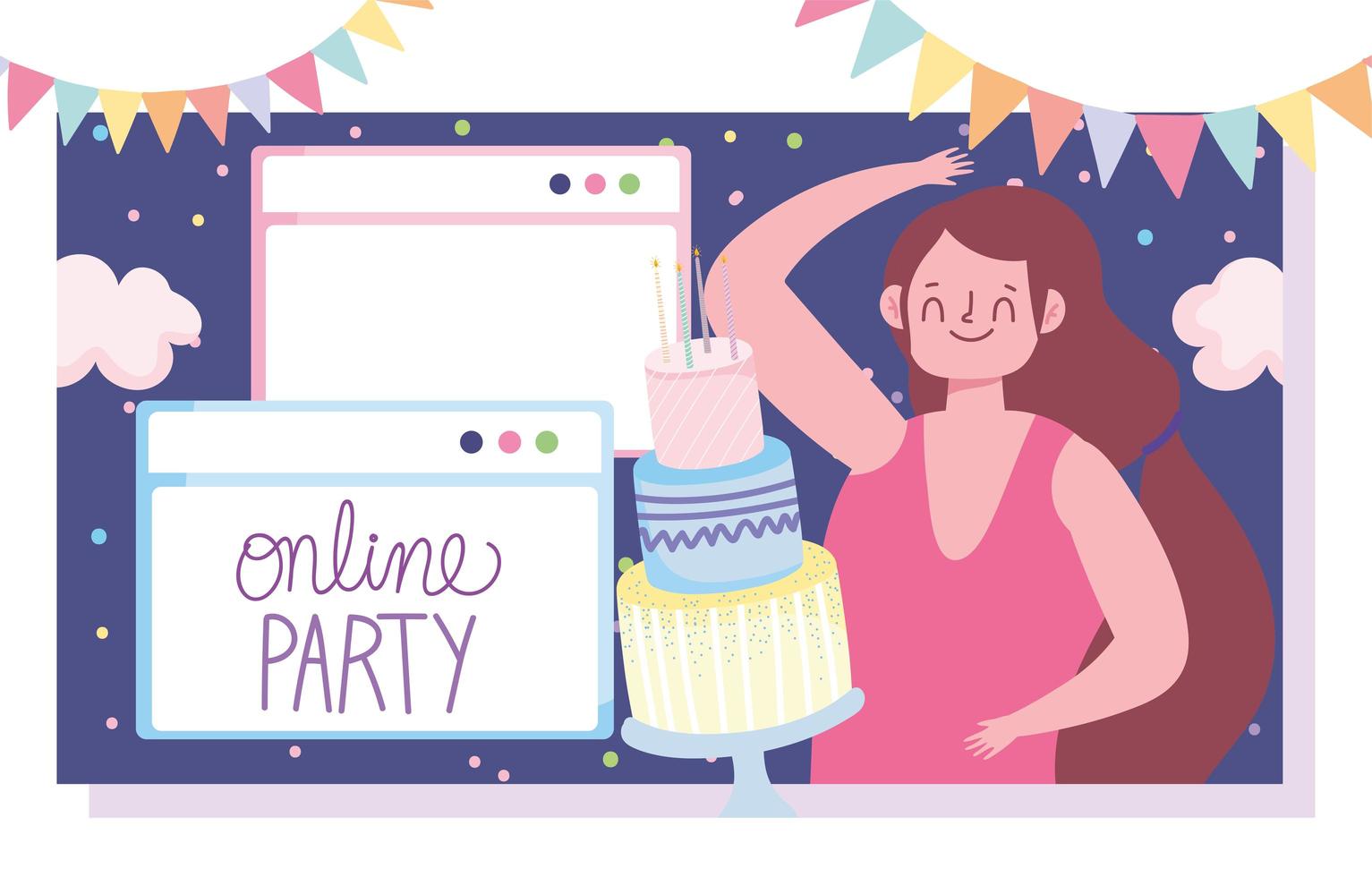 online party, girl website with cake and pennants decoration and celebration vector