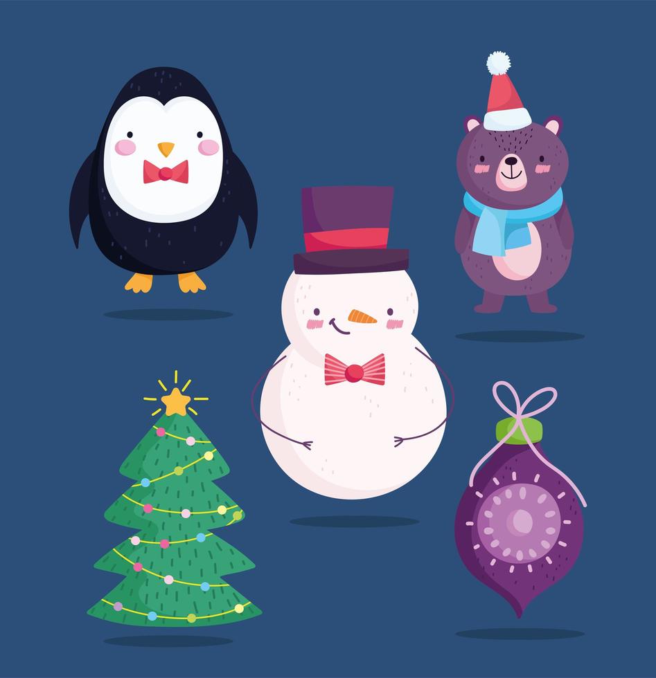 merry christmas, cute snowman bear penguin ball and tree cartoon icons vector