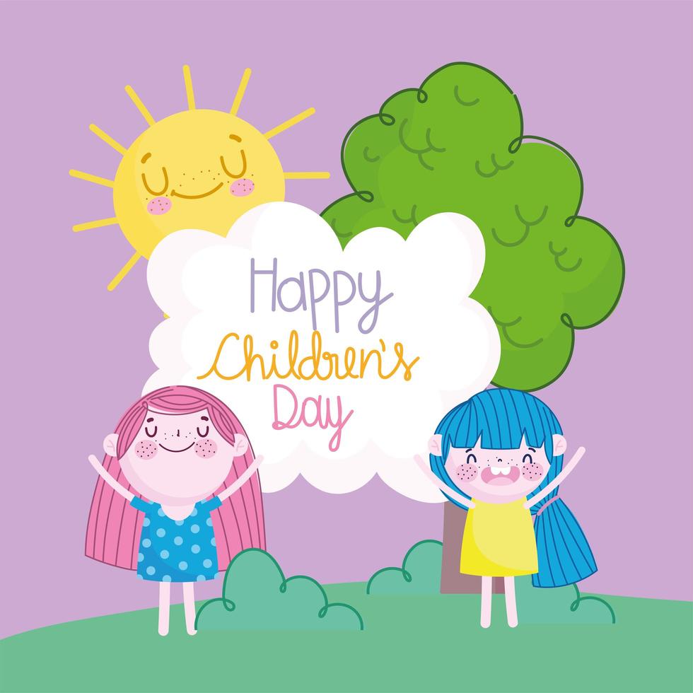 childrens day, little girls tree sun and lettering cartoon vector