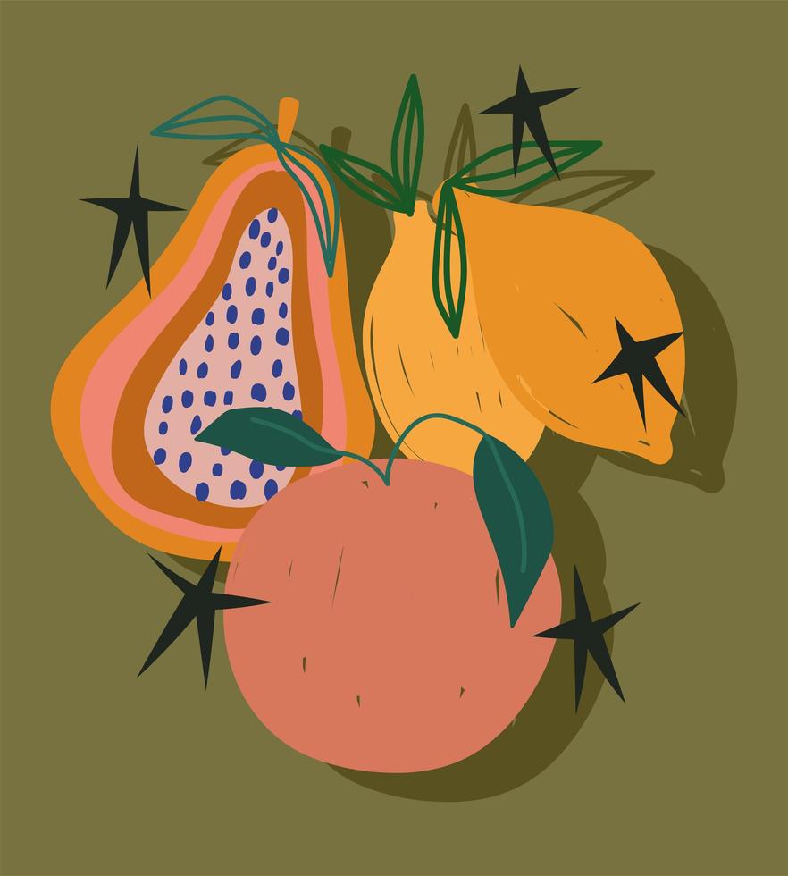 Doodle frutas tropicales contemporáneas deja decoración de la naturaleza vector