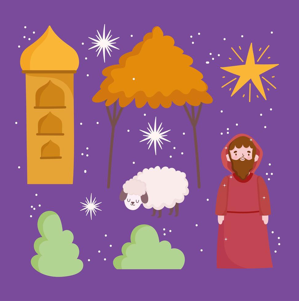 nativity, manger joseph lamb star icons cartoon vector