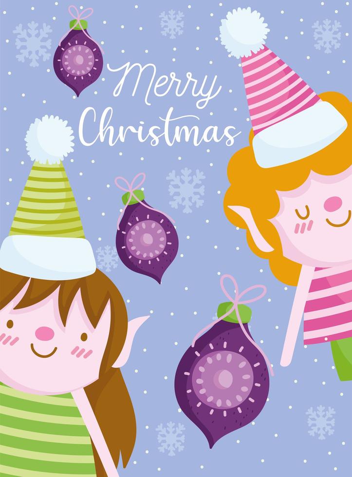 Feliz Navidad, lindos ayudantes con dibujos animados de tarjetas de felicitación de bolas vector