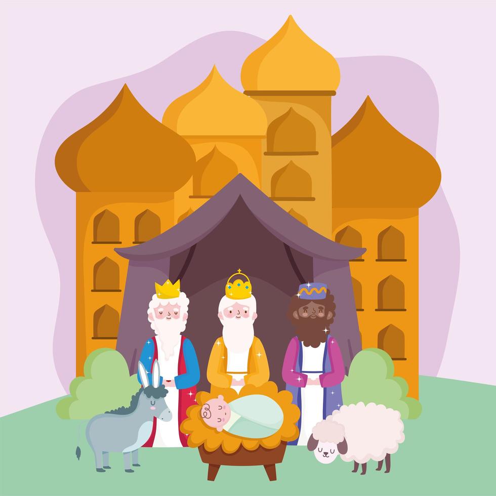 nativity, manger baby jesus wise kings with lamb and donkey cartoon vector