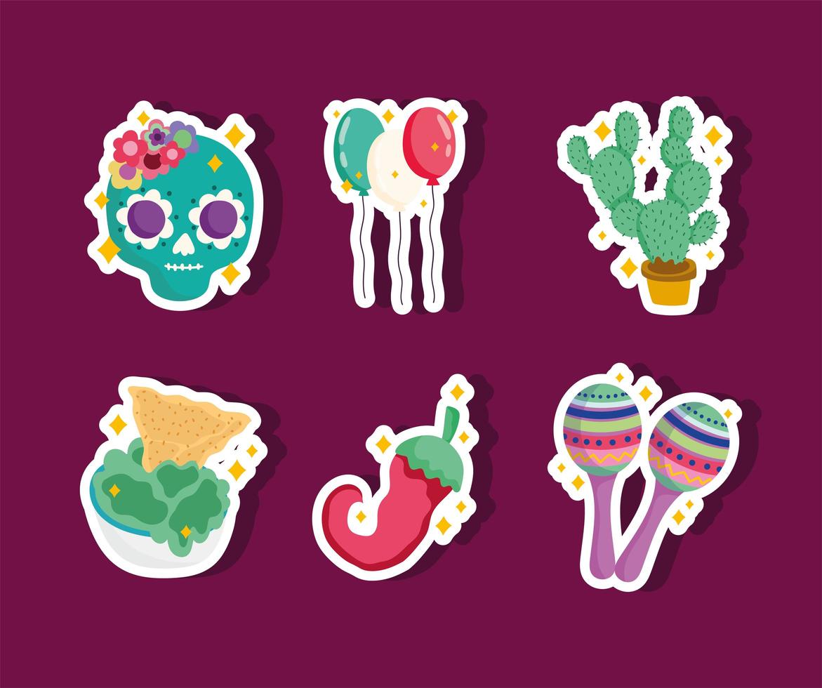 conjunto de iconos de la cultura de México, pegatinas de decoración de calavera, cactus, globos, maracas vector