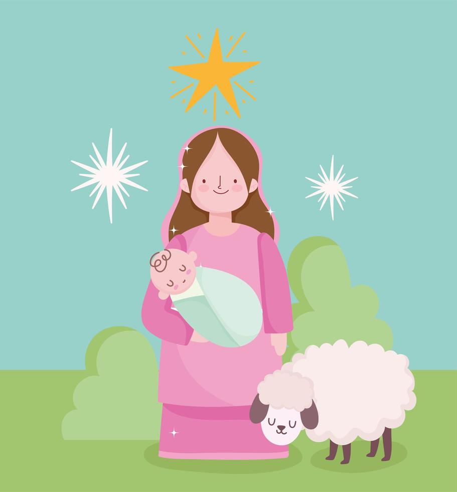 nativity, manger cute holy mary with baby in hands and lamb cartoon vector