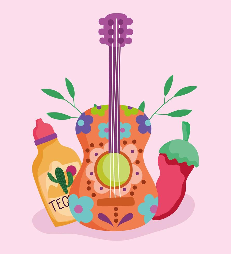 mexican tequila bottle guitar and pepper, mexico culture vector