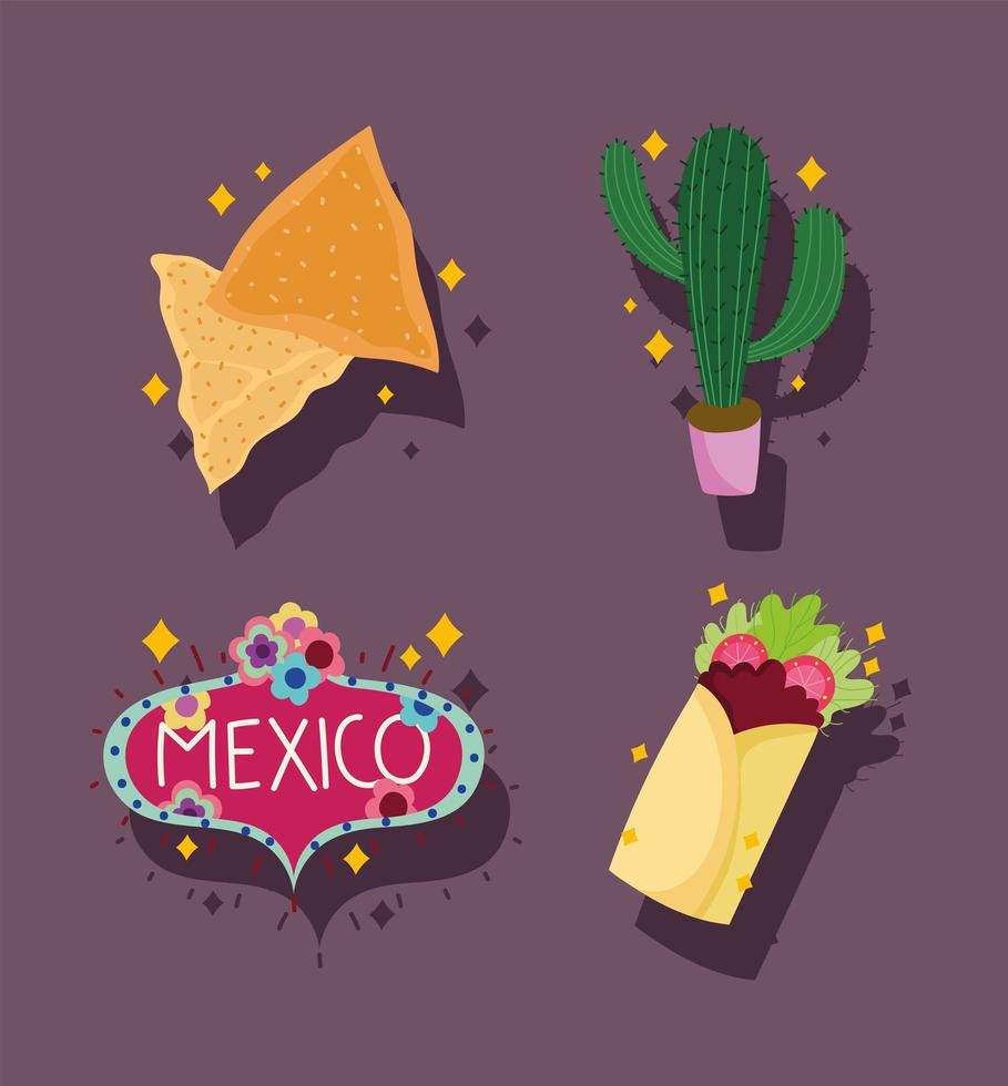 conjunto de iconos de la cultura de méxico, cactus, nacho, burrito, decoración de letras vector