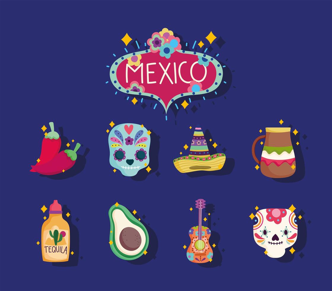 conjunto de iconos de la cultura de México, calavera, sombrero, tequila, guitarra y sombrero vector