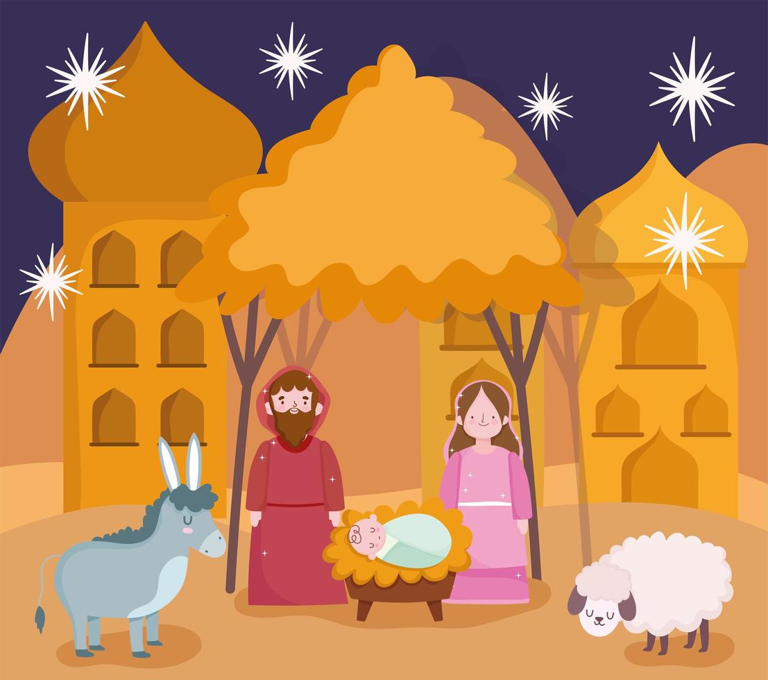 nativity, manger cute mary joseph baby jesus and animals cartoon scene vector