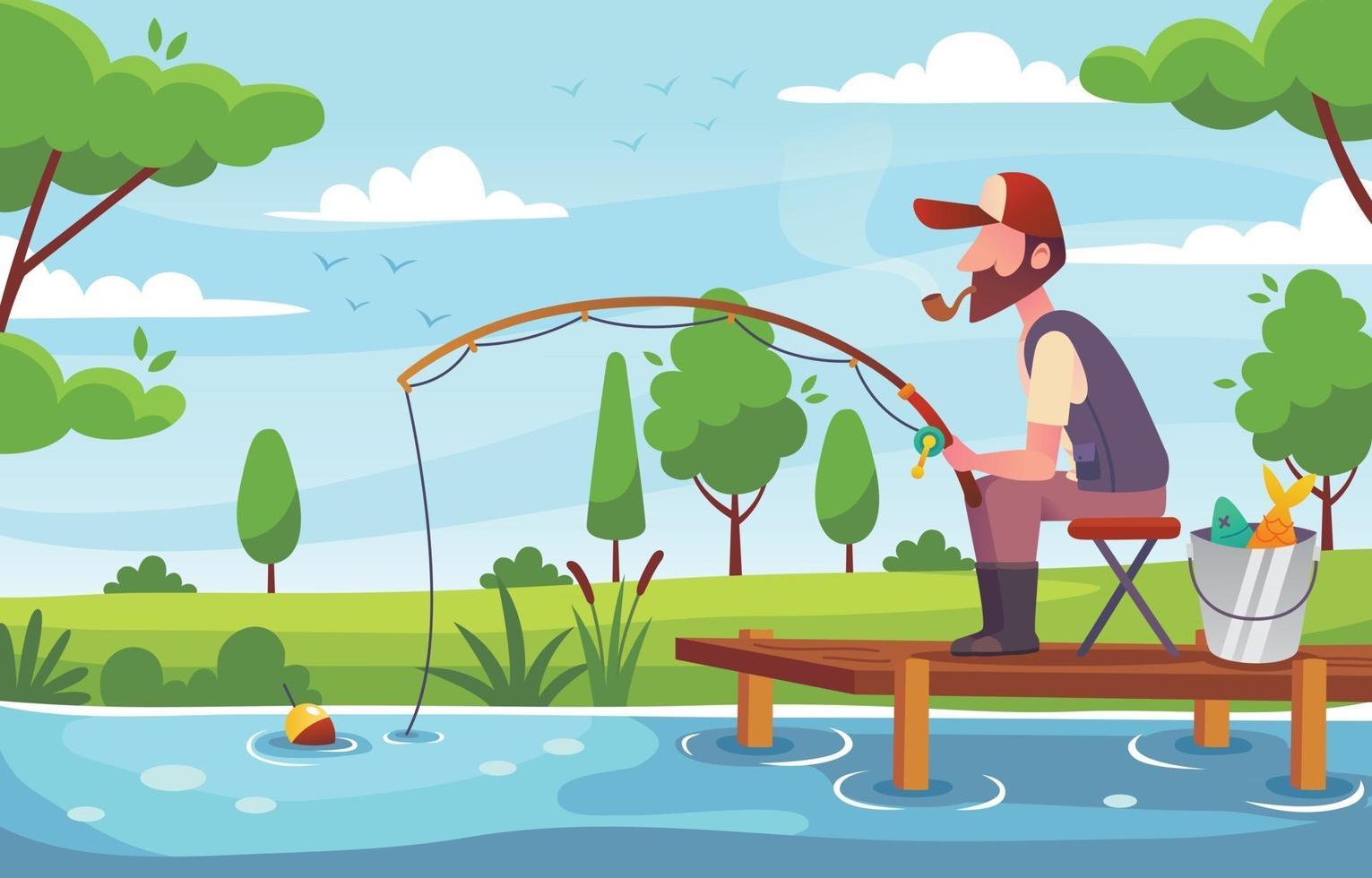 hombre pescando en el lago vector