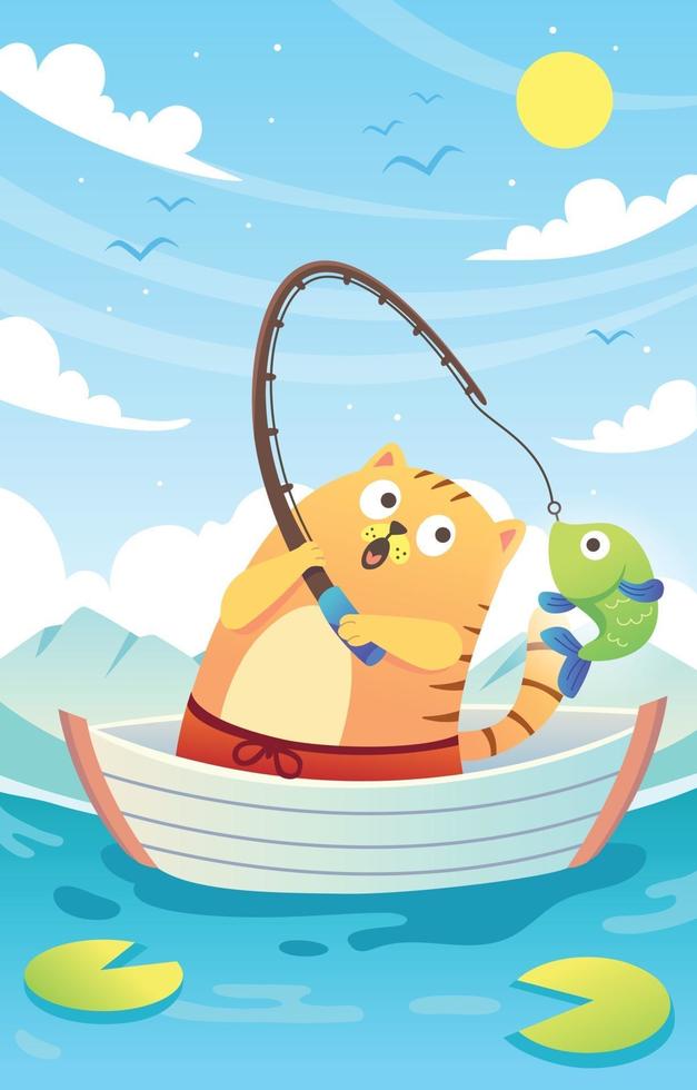 lindo gato pescando en el lago vector