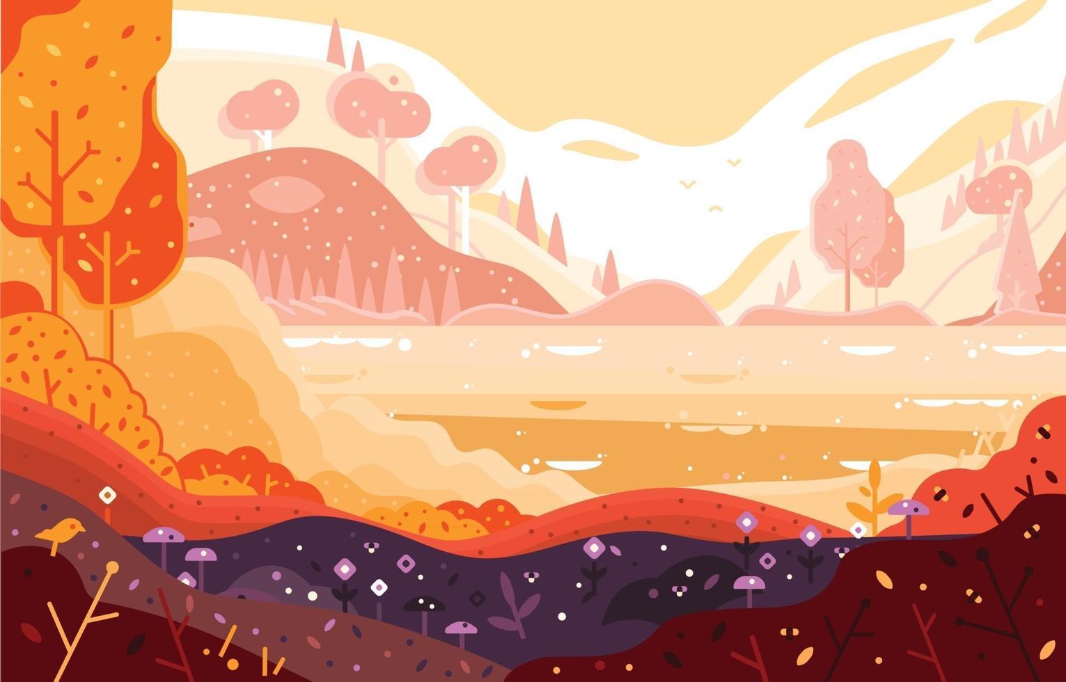Autumn Forest with River and Mountain vector