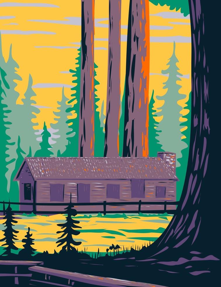 cabaña mariposa grove con subvención general y árbol sheridan general ubicado en el parque nacional de yosemite california estados unidos de américa wpa poster art vector