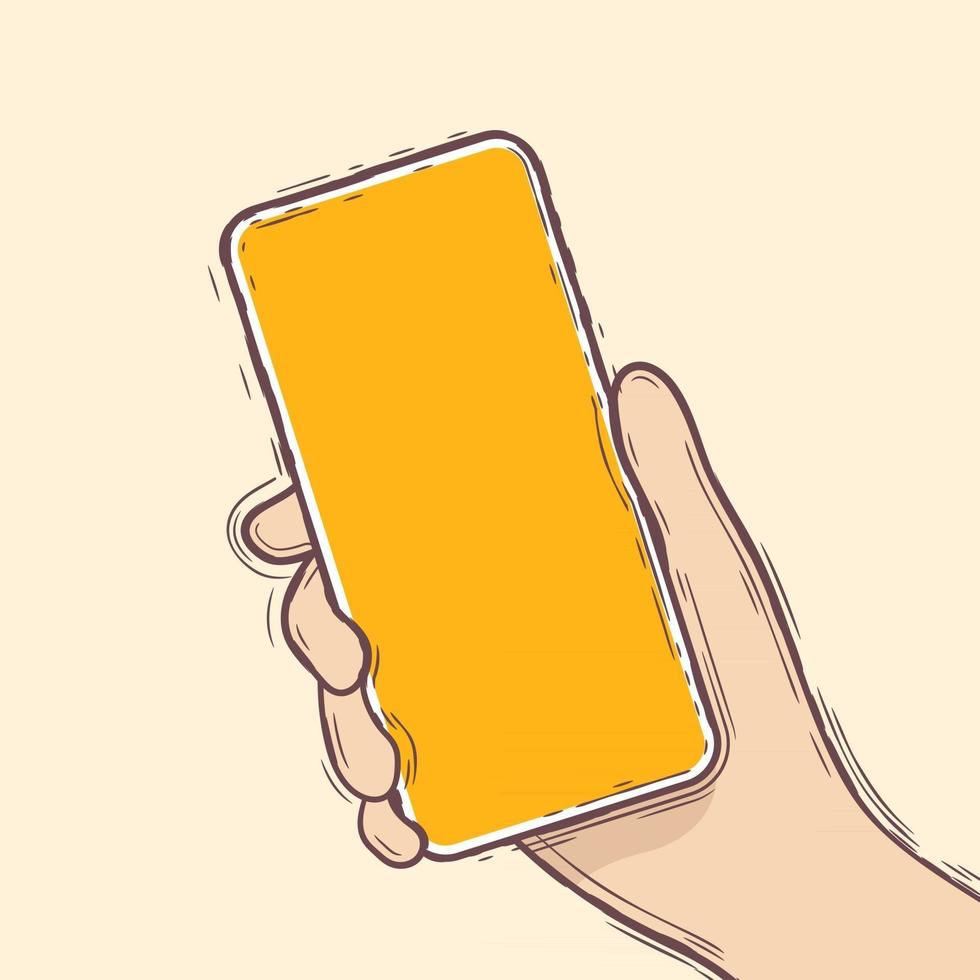 Hand drawing human right hand using or holding smartphone. Line Doodle style vector. vector