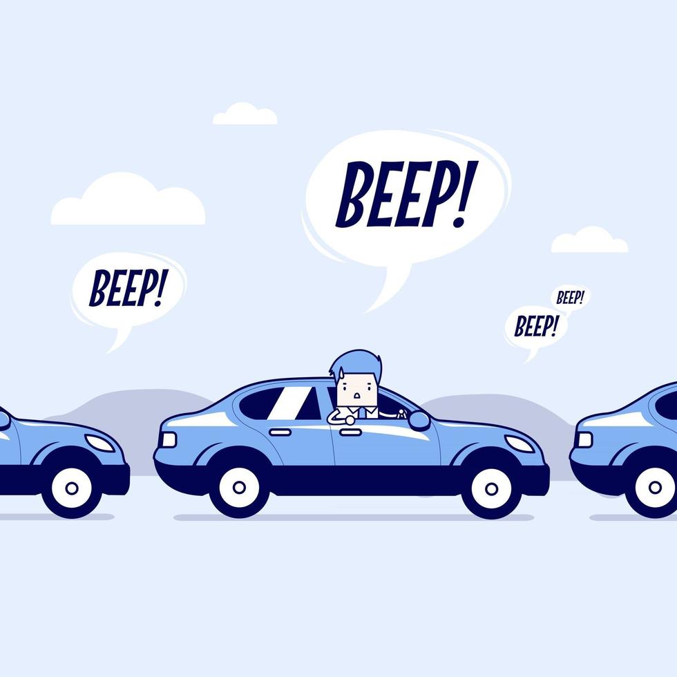 Businessman on the road with traffic jam, honk a horn. Cartoon character thin line style vector. vector