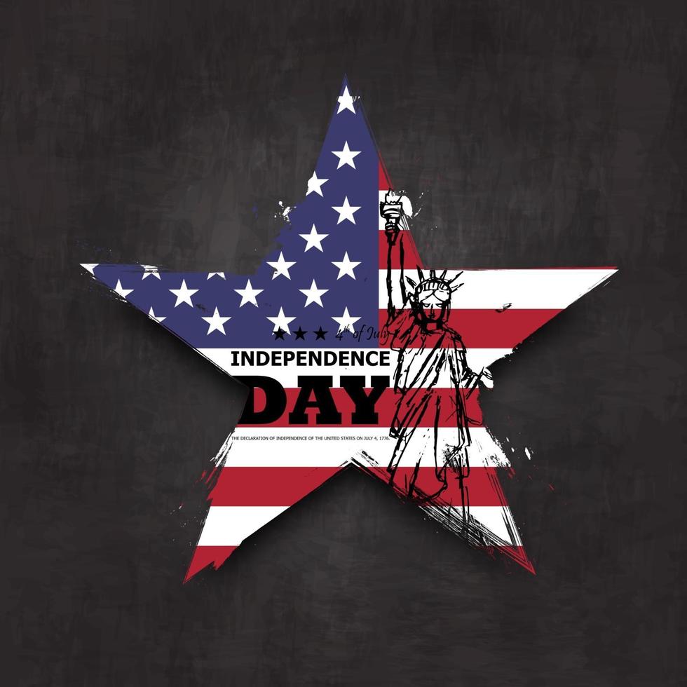 4th of July independence day of USA . Grunge star shape with america flag and statue of liberty drawing design on chalkboard texture background . Vector