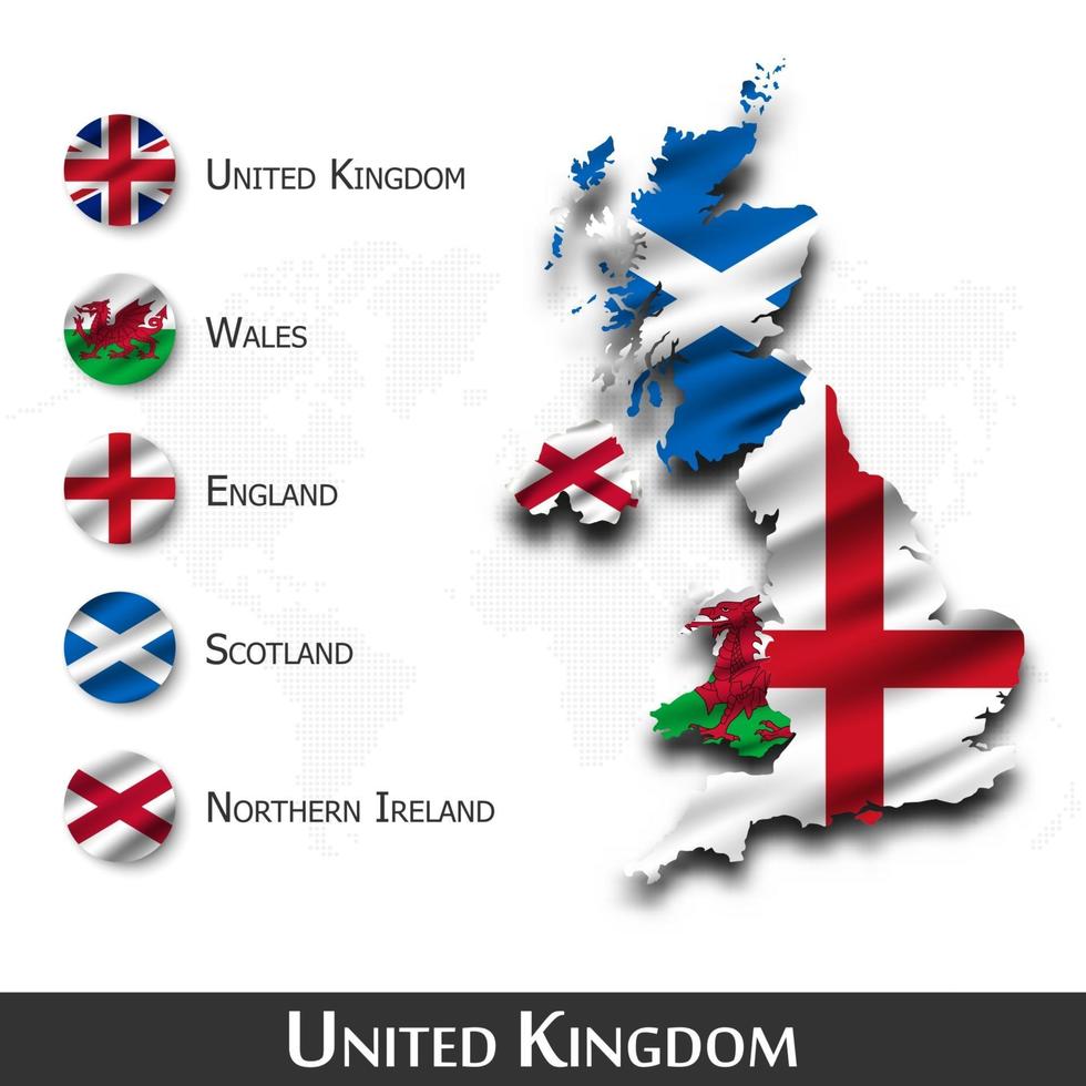 United kingdom of great britain map and flag . Scotland . Northern ireland . Wales . England  . Waving textile design . Dot world map background . Vector .