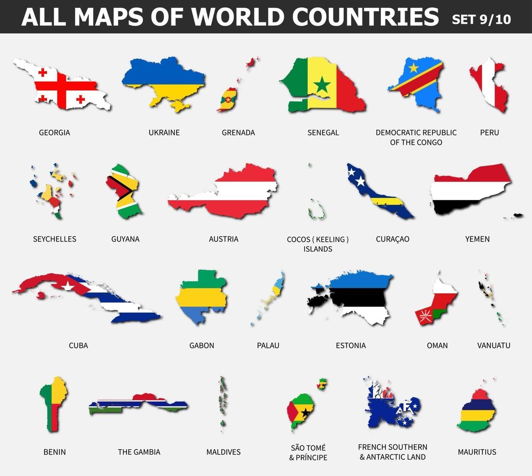 All maps of world countries and flags . Set 9 of 10 . Collection of outline shape of international country map with shadow . Flat design . Vector .
