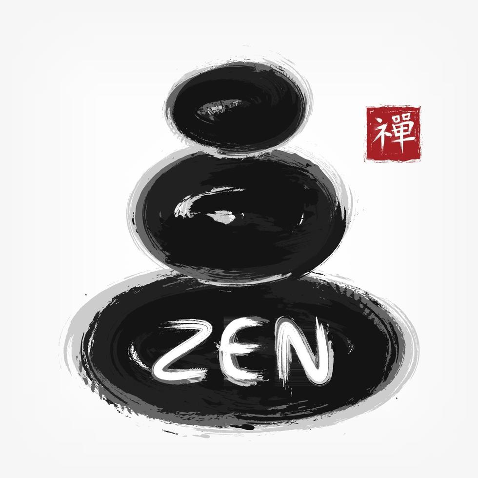 Zen stone stack . Sumi e style . Ink watercolor painting design . Black gray overlap color . Red square stamp with kanji calligraphy  Chinese . Japanese  alphabet translation meaning zen . Vector .