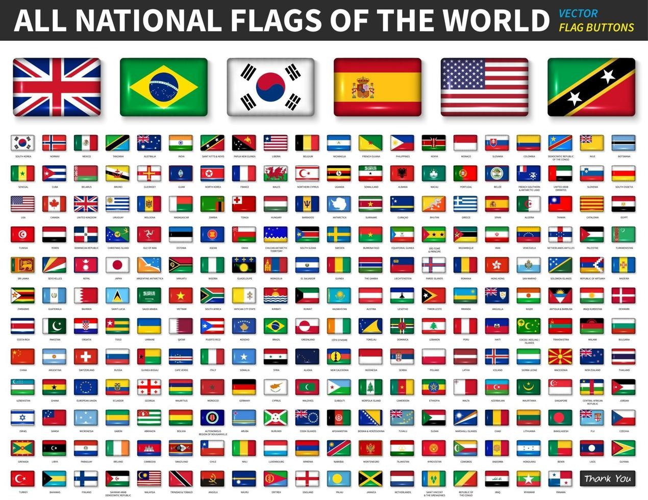 todas las banderas nacionales del mundo. diseño de botón convexo brillante y relación 4 - 6. vector de elementos