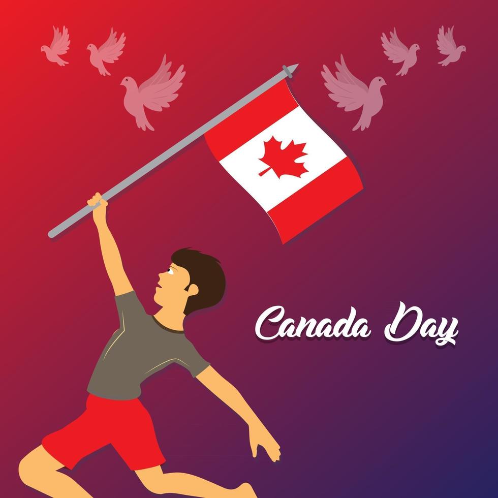 feliz día de canadá tema de vector libre con un niño celebrando ondeando la bandera canadiense.