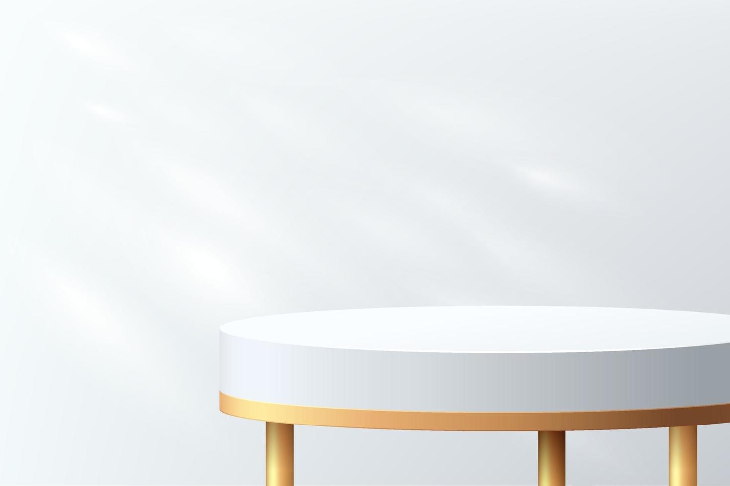Luxury white, gold cylinder pedestal podiums. Gold table legs. Silver color minimal wall scene with window lighting. Vector rendering 3d shapes, product display presentation. Abstract studio room.