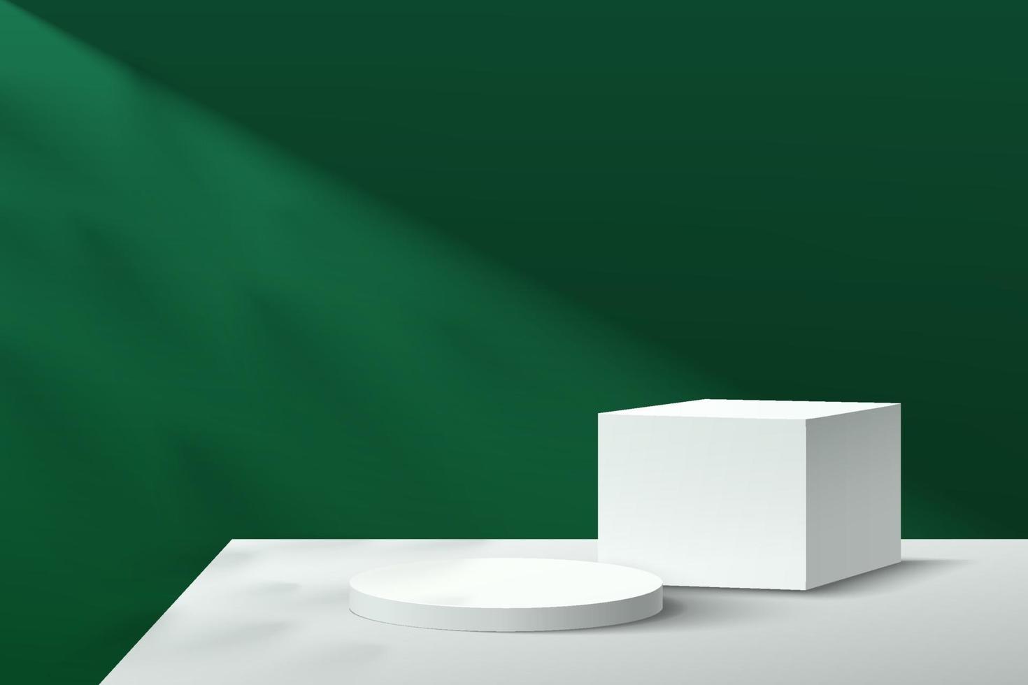 Podio de pedestal geométrico blanco y gris con sombra. Escena de pared mínima verde oscuro abstracto. Representación vectorial forma 3D para presentación de exhibición de productos cosméticos. diseño de plataforma moderna. vector