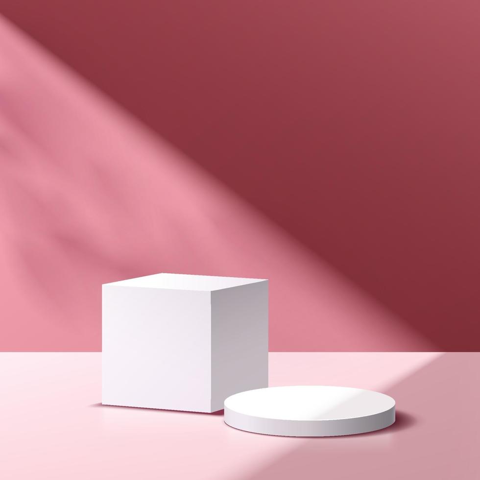 White and gray geometric pedestal podium with shadow. Abstract  pastel pink minimal scene. Vector rendering 3d shape for cosmetic product display presentation. Modern platform design.