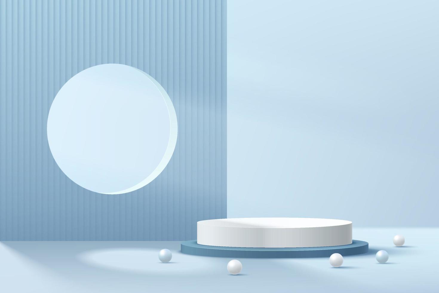 Modern white and blue cylinder pedestal podium with sphere ball. Abstract pastel blue color minimal scene. Geometric platform and backdrop. Vector rendering 3d shape, Product display presentation.