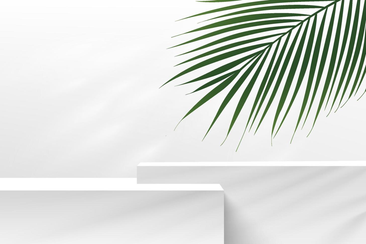 Modern white cube steps pedestal podium with green palm leaf. Geometric platform in shadow. Abstract white and gray minimal wall scene. Vector rendering 3d shape Cosmetic product display presentation.
