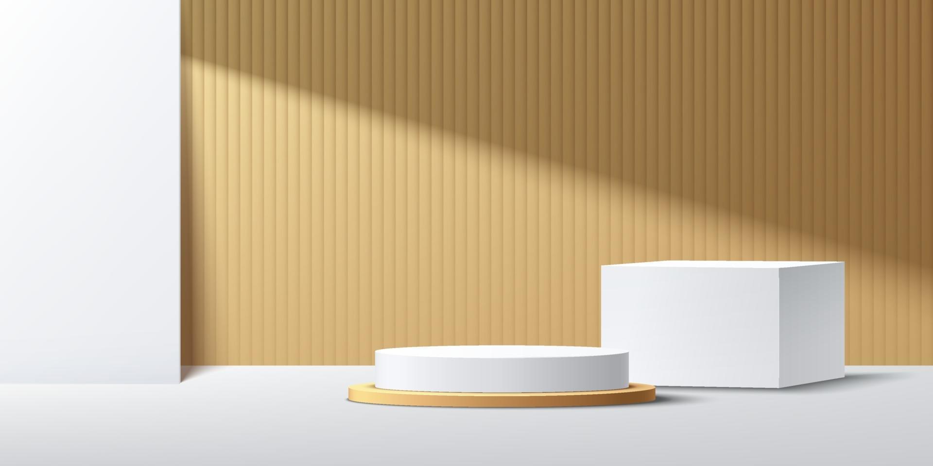 moderno podio de pedestal geométrico blanco y dorado con sombra. Escena de pared mínima de color dorado abstracto. telón de fondo de textura de rayas verticales. Representación vectorial de forma 3d, presentación de exhibición de productos. vector