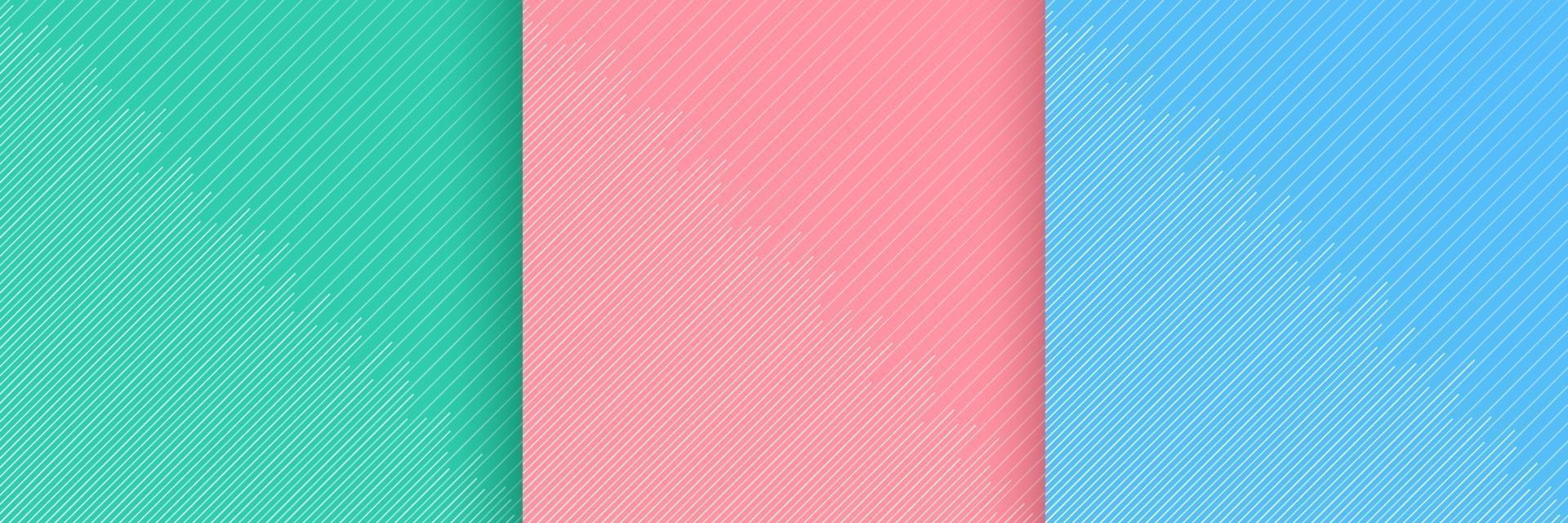Set of abstract minimal design stripe and diagonal lines pattern on green pink and blue background. Simple flat trendy color design for presentation, flyer, brochure, website, front page. Vector illustration