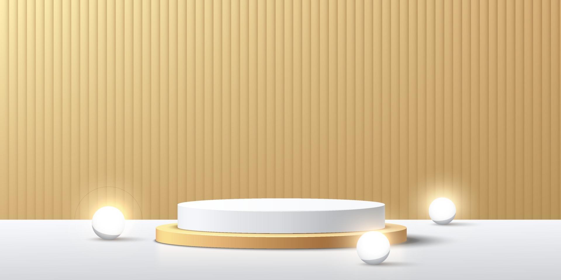 Modern white and gold cylinder pedestal podium with neon sphere ball. Abstract golden color minimal scene. Vertical stripes texture backdrop. Vector rendering 3d shape, Product display presentation.