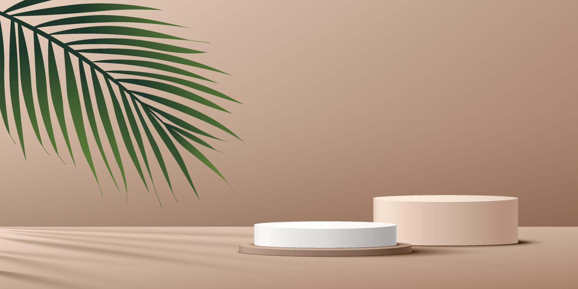 Modern white and beige cylinder pedestal podium with green palm leaf. Geometric platform. Abstract light brown color minimal wall scene. Vector rendering 3d shape, Product display presentation.