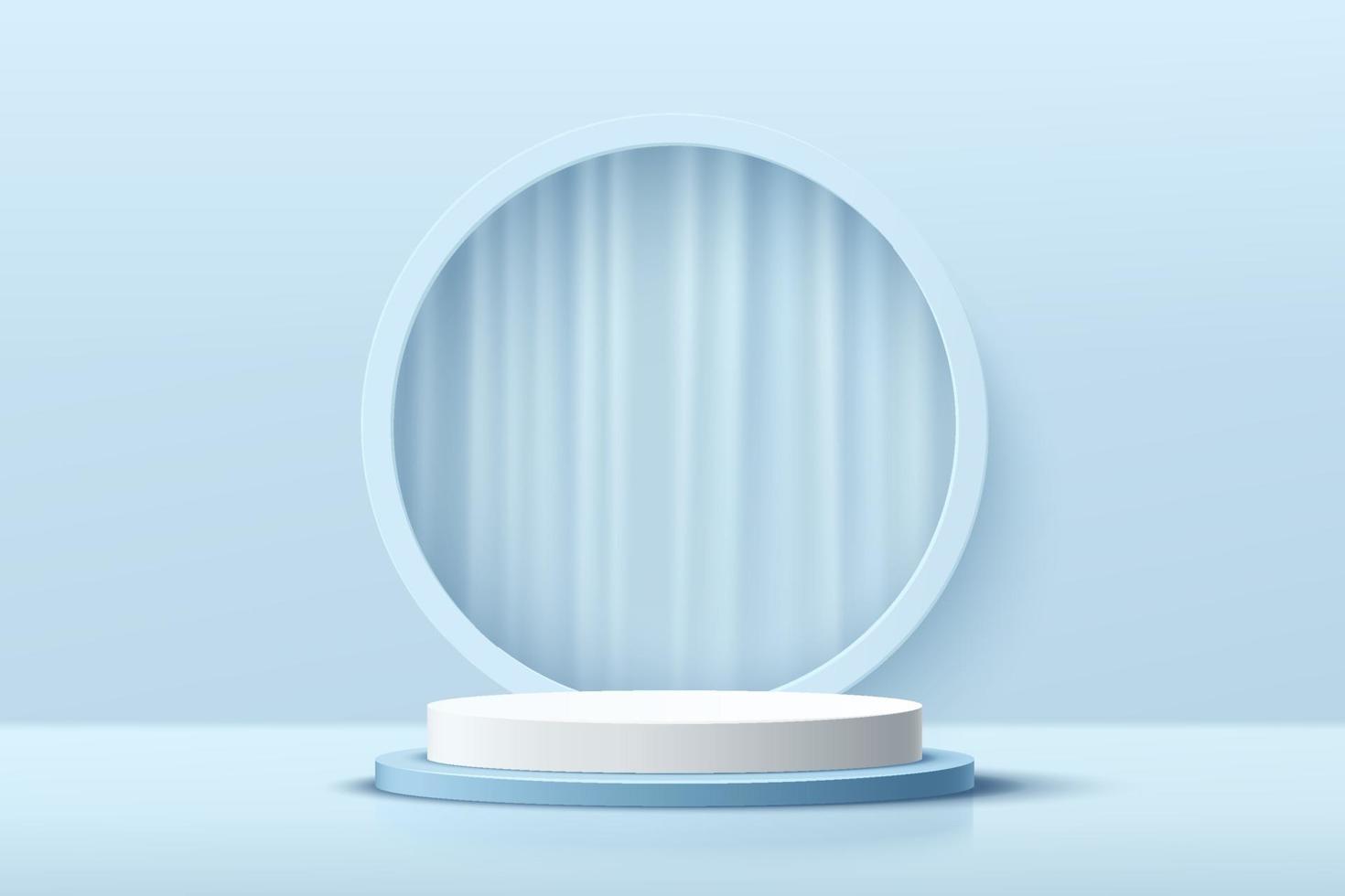 Modern white and blue cylinder pedestal podium. Abstract pastel blue color minimal wall scene. Geometric circle backdrop with curtain. Vector rendering 3d shape, cosmetic product display presentation.