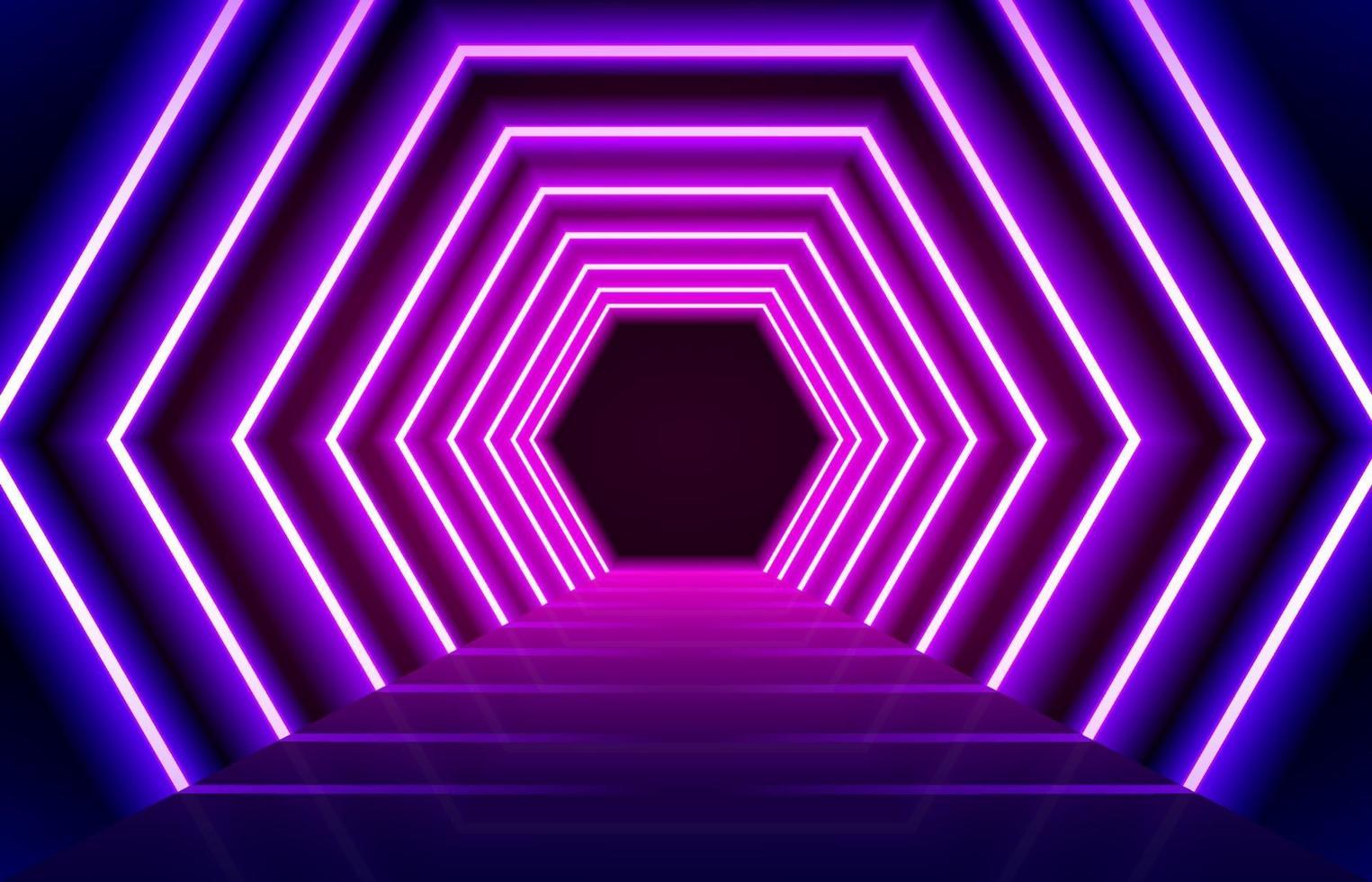 Fondo de piso de línea de luces de neón azul magenta brillante abstracto. perspectiva hexagonal concepto led. Entrada de luces de neón vip o concepto de festival. vector