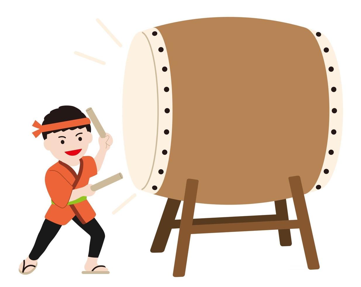 A Young Man Performing A Big Japanese Traditional Taiko Drum, Vector Illustration.