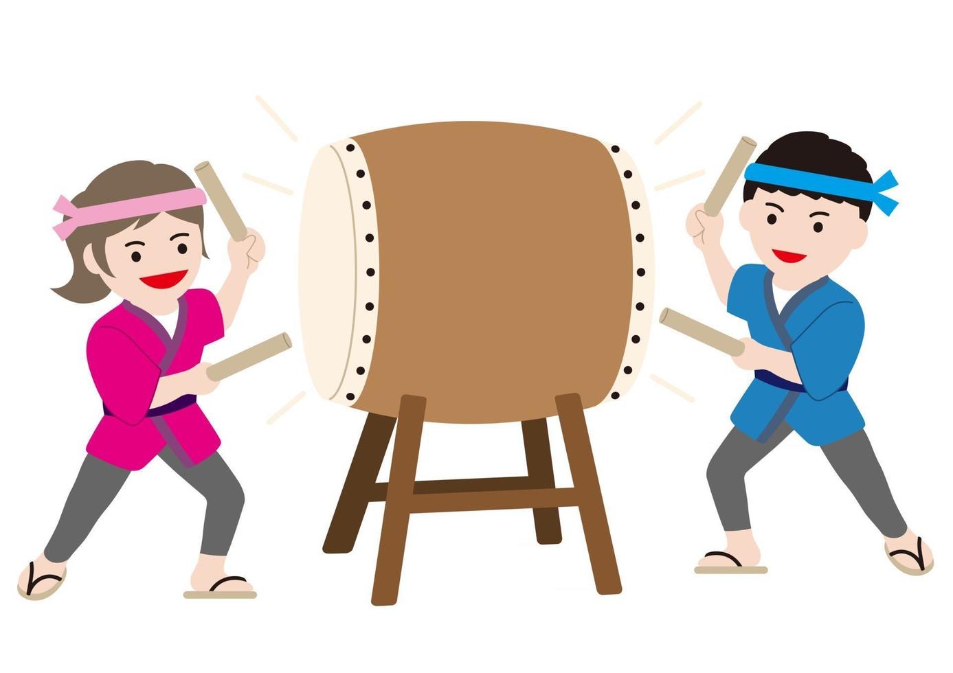 un joven y una mujer tocando el tambor taiko tradicional japonés vector