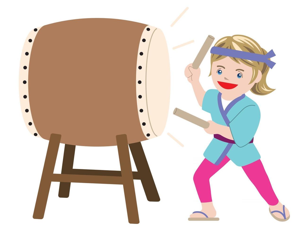 A Young Western Woman Performing Japanese Traditional Taiko Drum, Vector Illustration