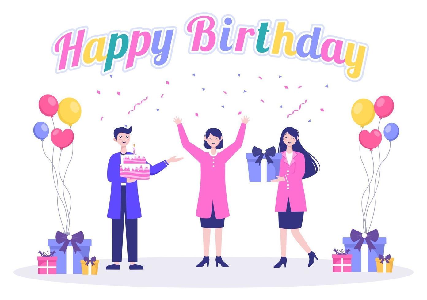 Happy Birthday Party Celebrating Illustration with Balloon, Hats, Confetti, Gift and Cake Design vector