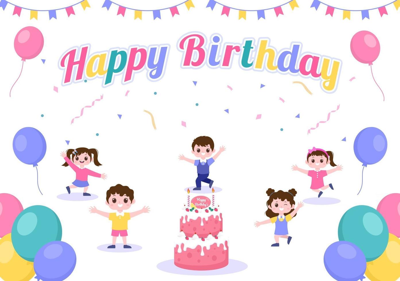 Happy Birthday Party Celebrating Illustration with Balloon, Hats, Confetti, Gift and Cake Design vector