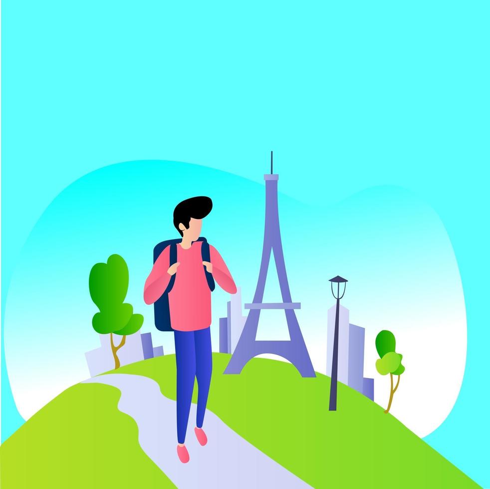 Boy alone traveling in nature illustration concept vector