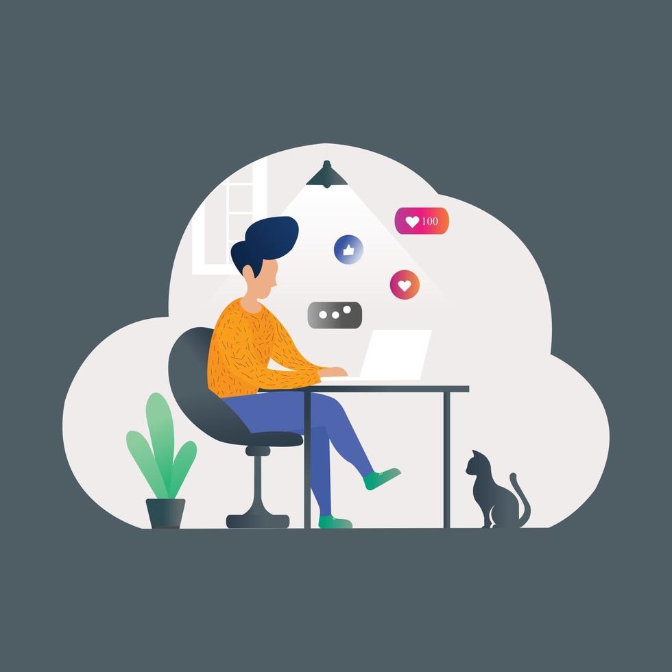 Boy working on computer illustration vector concept