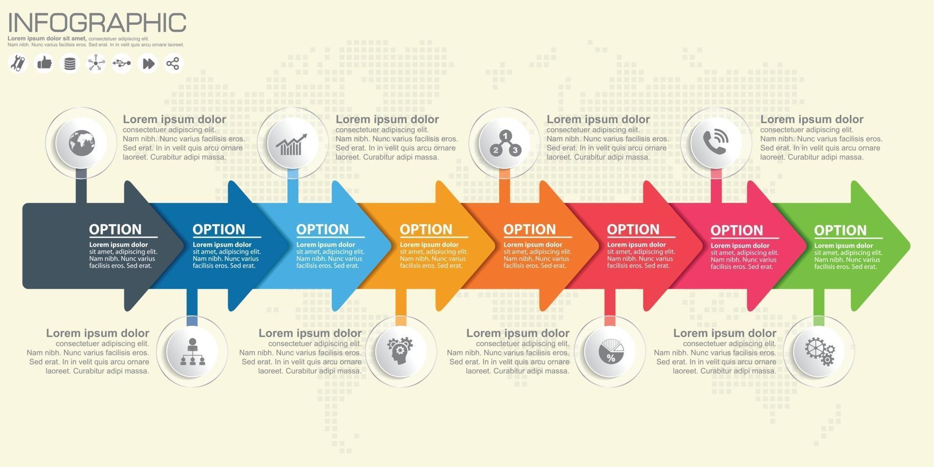 Timeline and arrow vector infographic. World map Background