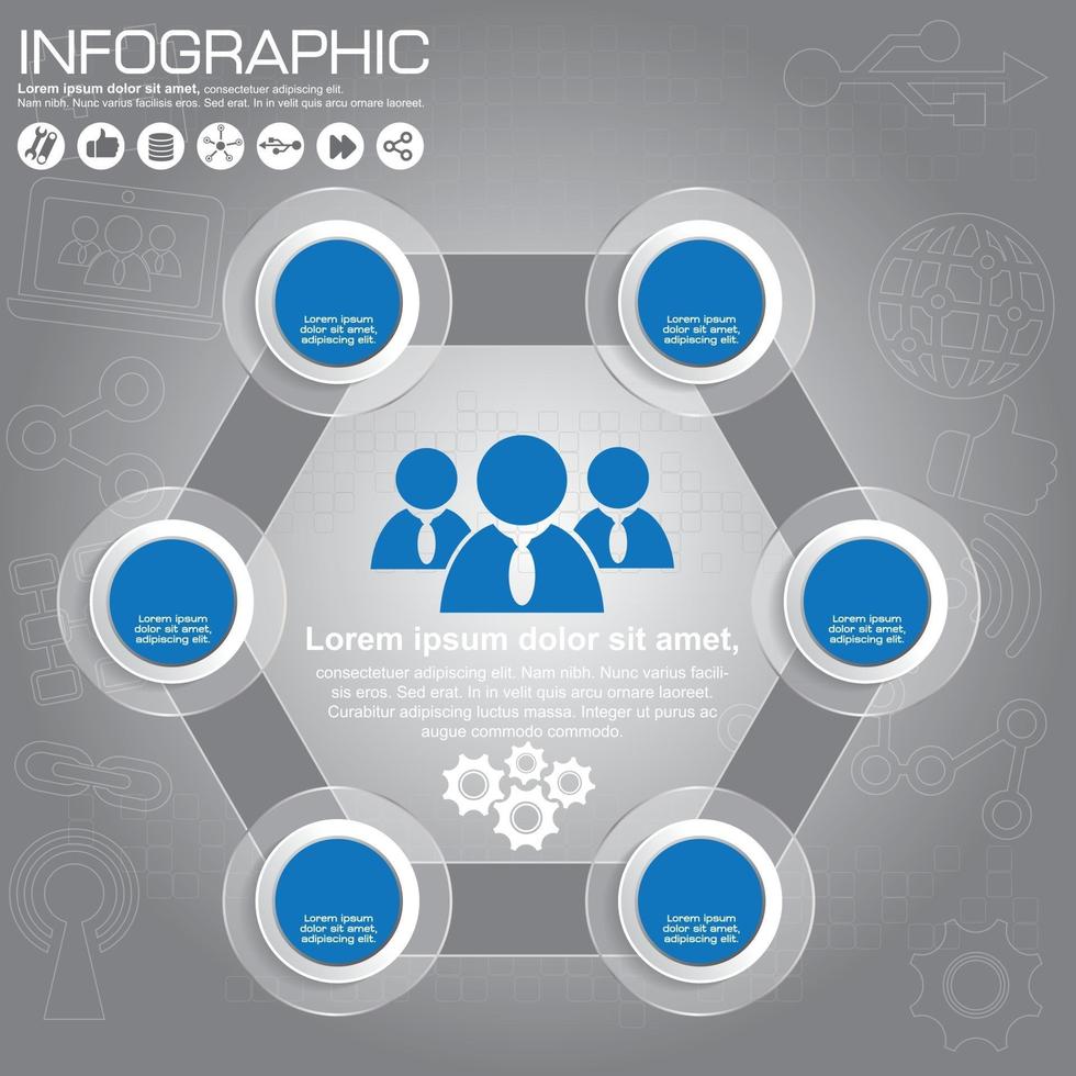 plantilla de diseño infográfico y concepto de negocio con 6 opciones, piezas, pasos o procesos. se puede utilizar para diseño de flujo de trabajo, diagrama, opciones numéricas, diseño web. vector