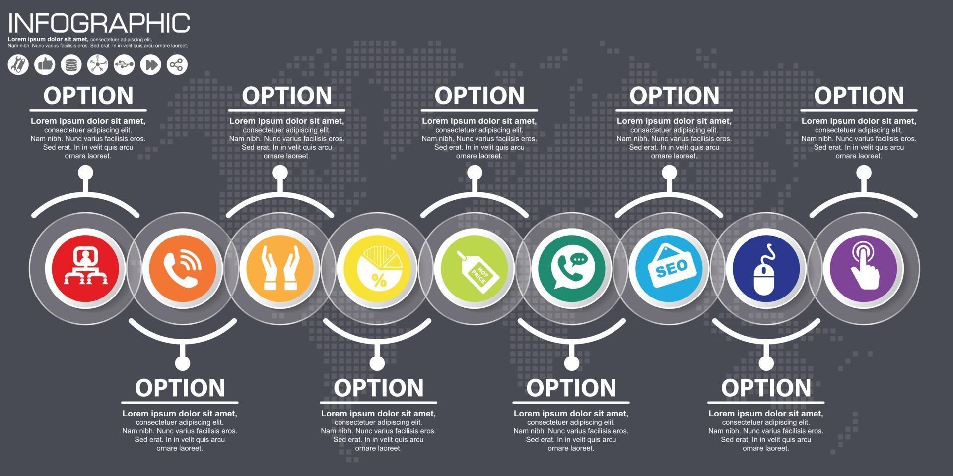 Línea de tiempo 9 opciones o pasos infografía vectorial. fondo del mapa del mundo vector