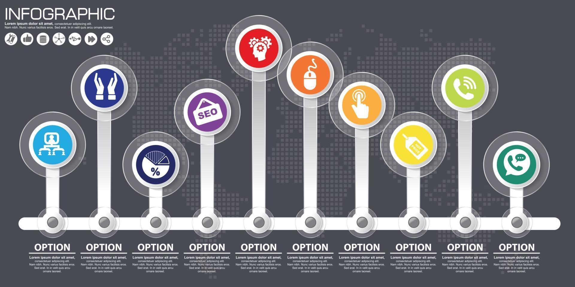 línea de tiempo 10 opciones o pasos infografía vectorial. fondo del mapa del mundo vector